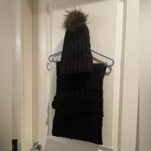 Black Knit Scarf and Hat Set with Fur Pom